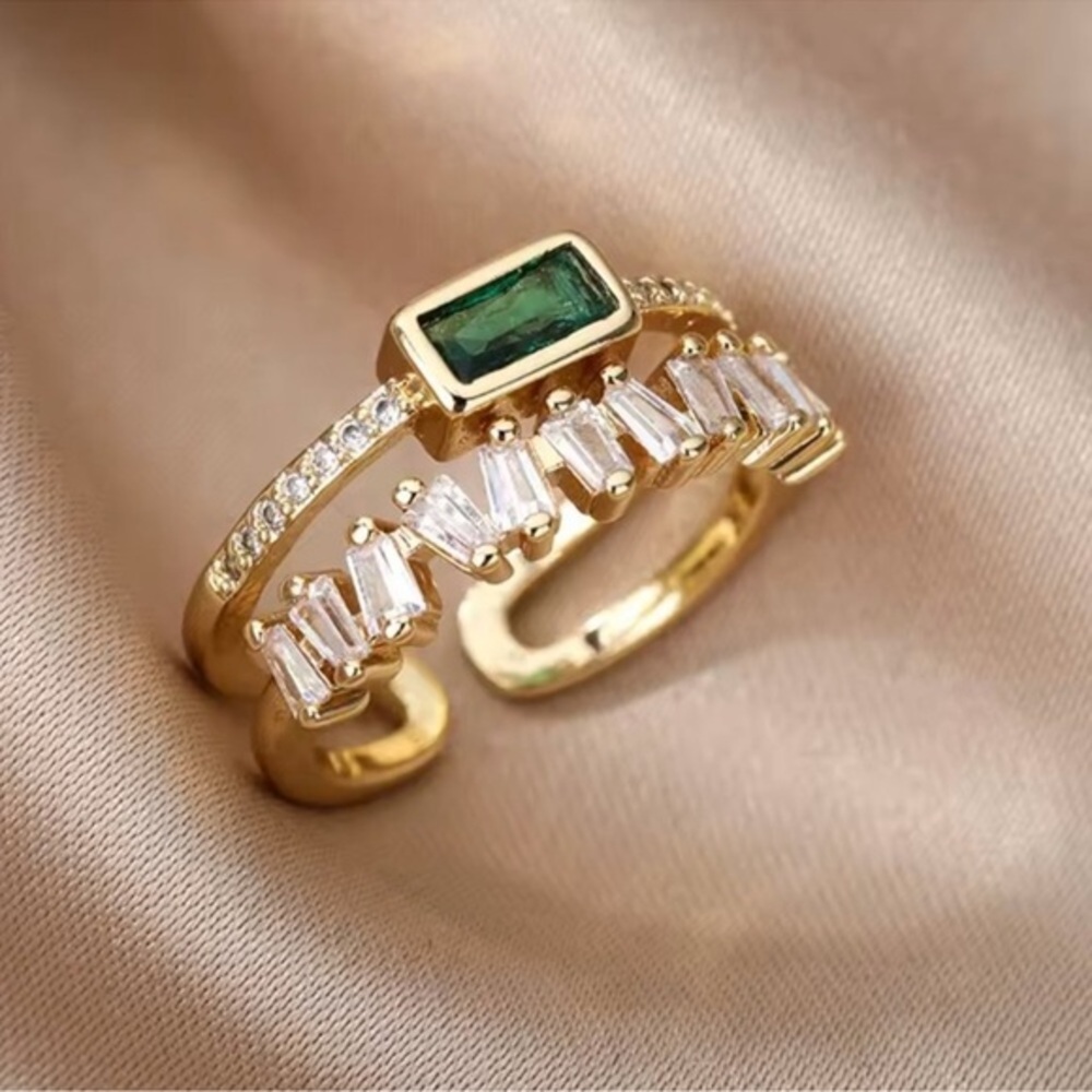14K Gold Filled Green Emerald Ring adjustable simulated diamond